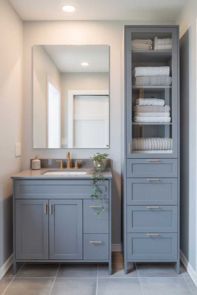 Modern grey vanity with tall linen tower featuring glass-front cabinet and brushed gold hardware in a clean contemporary bathroom
