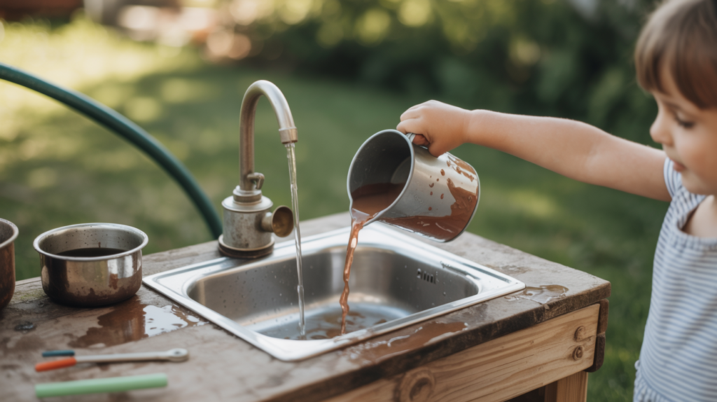 A stainless steel sink fitted into a wooden mud kitchen for outdoor water play