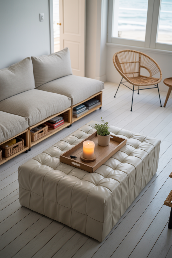 Small beach house living room with modular linen sofa, cream storage ottoman, and rattan accent chair on whitewashed wood floors