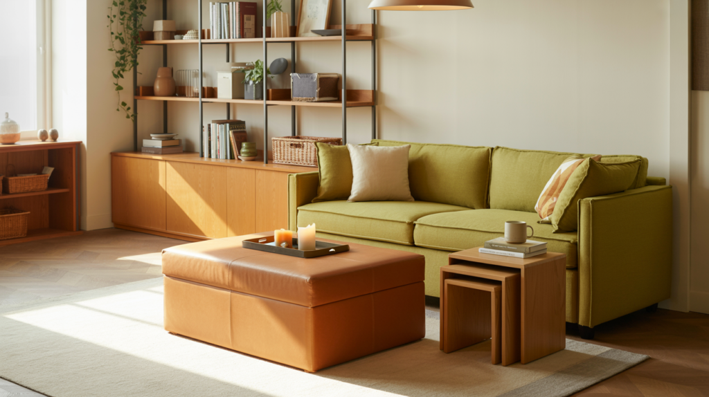 Bright living room with olive green sofa bed storage ottoman nesting tables and modular shelving showing multifunctional furniture trends 2026