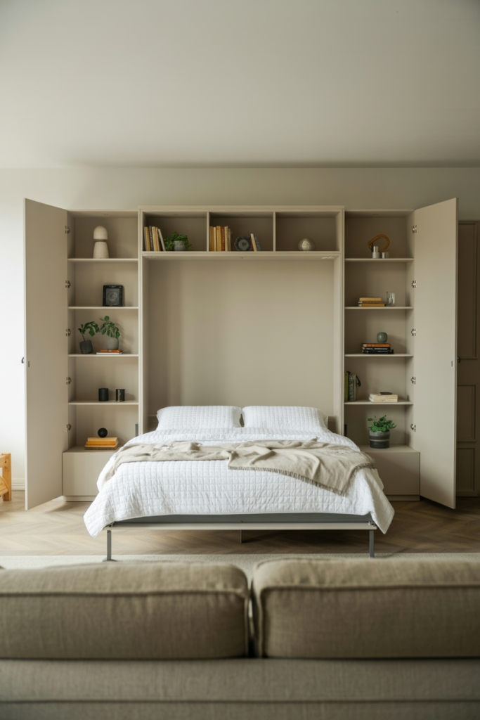 Built-in Murphy bed wall unit with open shelving in white matte finish fully lowered with white bedding in a modern living room