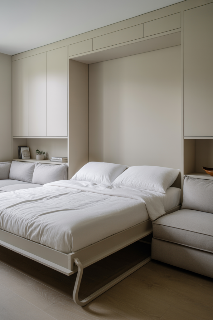 Built-in Murphy wall bed with integrated gray sofa in a small living room featuring white matte cabinetry and light oak floors
