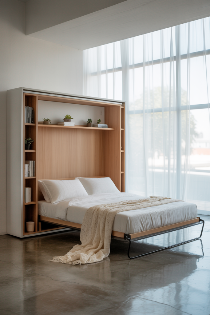 White wall-mounted Murphy bed with wood cabinet surround fully lowered in a bright minimal living room