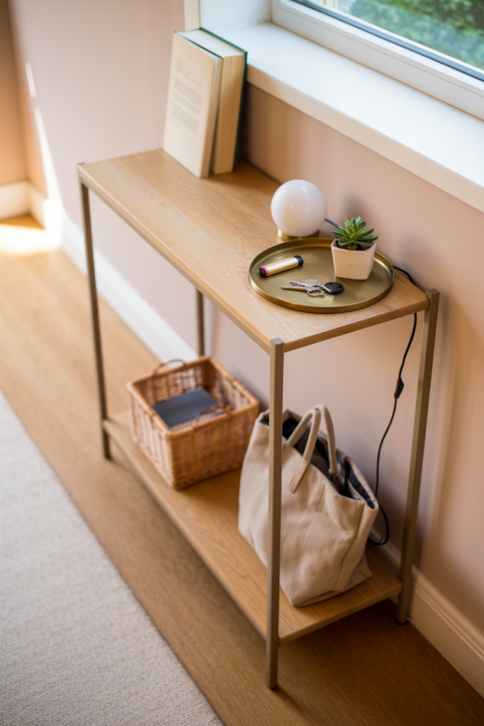 Slim narrow oak console table styled with lamp, brass tray, and plant creating an instant foyer feel in a small entryway