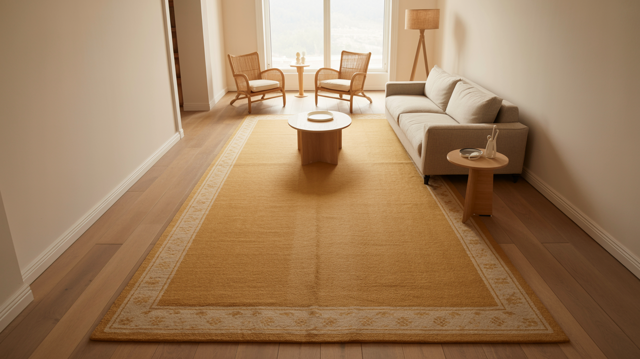 Large rectangular cream area rug anchoring the seating area in a long narrow living room with pale oak floors and grey linen sofa