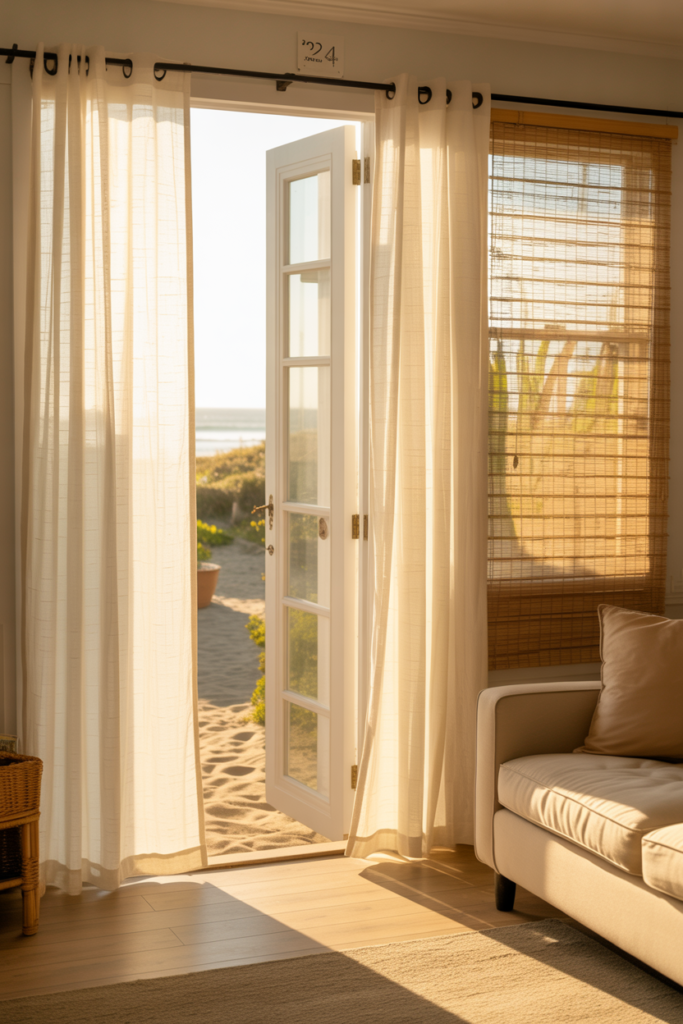 Small beach house living room with sheer white linen curtains and bamboo roller blinds maximizing natural light in a bright coastal space
