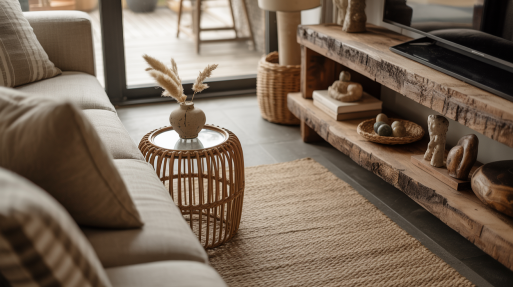 Living room corner with jute rug rattan table linen sofa and reclaimed wood shelf showing natural material texture layering trend 2026
