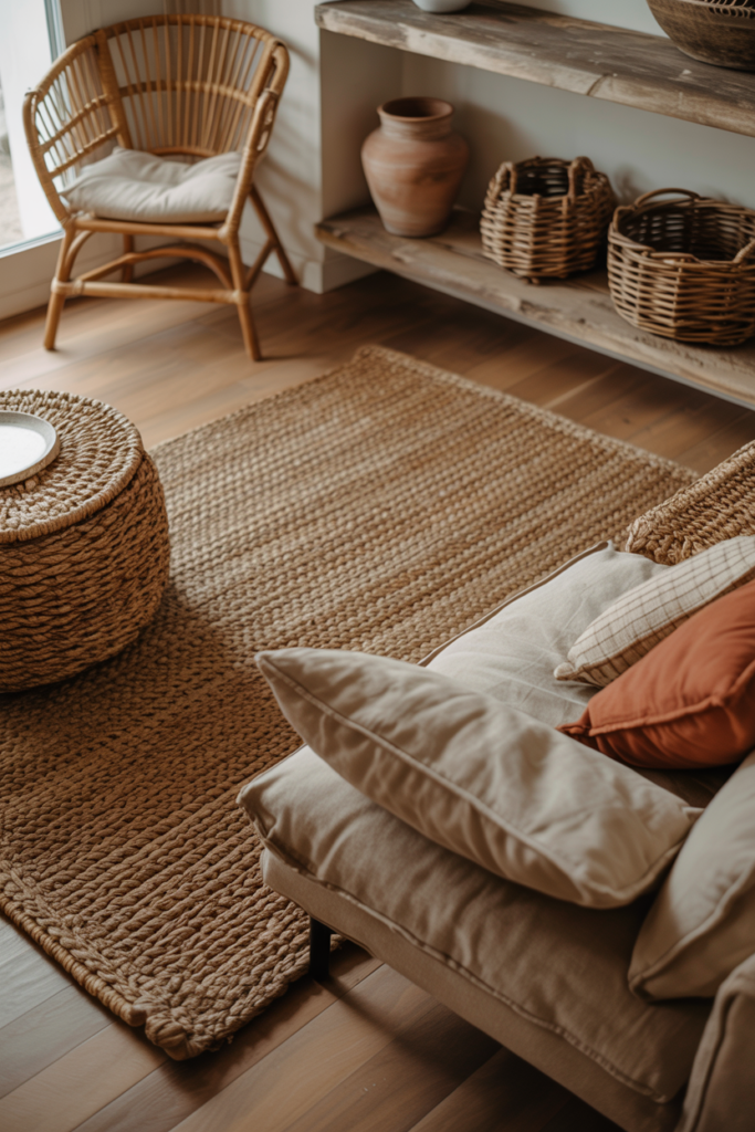 Small beach house living room with jute rug, linen sofa, rattan chair, and reclaimed wood shelf showcasing natural coastal textures