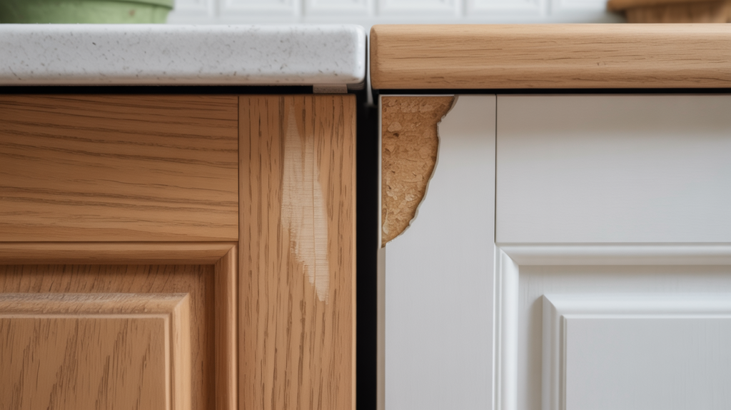 Durability comparison between natural wood cabinet scratch and painted cabinet chip showing surface wear