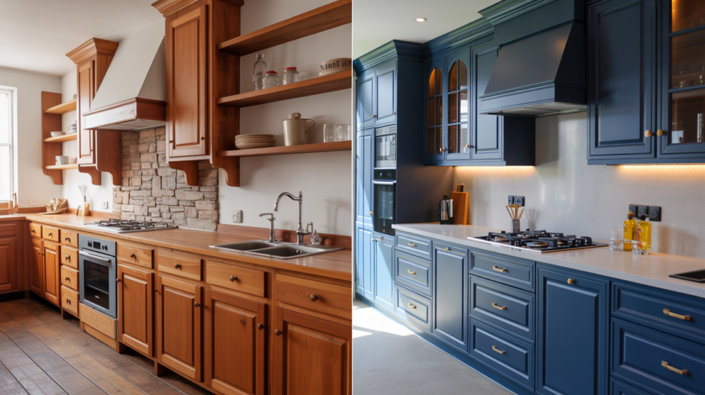 Farmhouse kitchen with natural wood cabinets compared to modern kitchen with navy painted cabinets