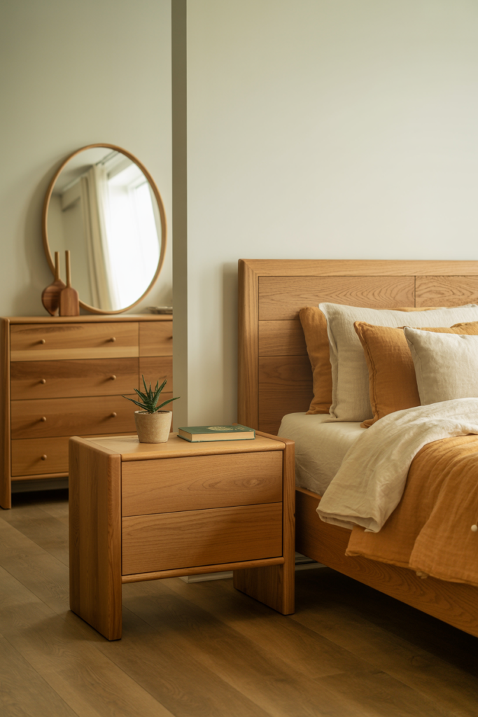 Warm bedroom with natural oak bed frame, wooden nightstand, dresser with brass pulls, and organic linen bedding