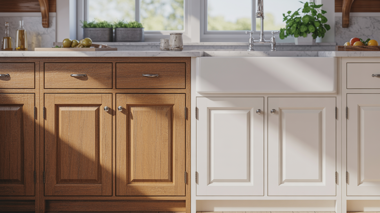 Natural wood kitchen cabinets vs painted cabinets side by side in a real home kitchen