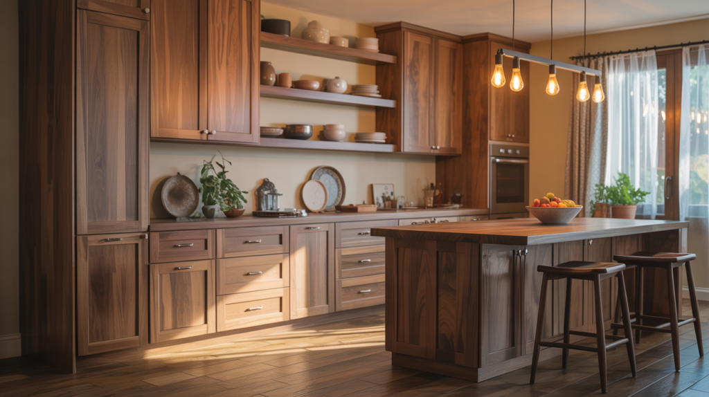 Natural walnut wood kitchen cabinets with open shelving and kitchen island in a warm home kitchen