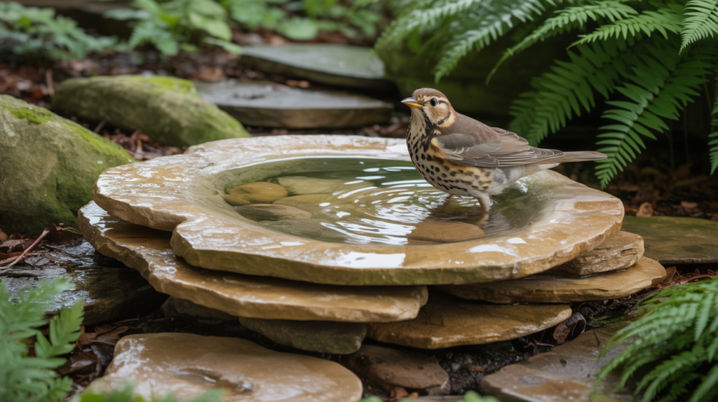 Naturalistic rock and stone bird bath in a woodland garden with a thrush