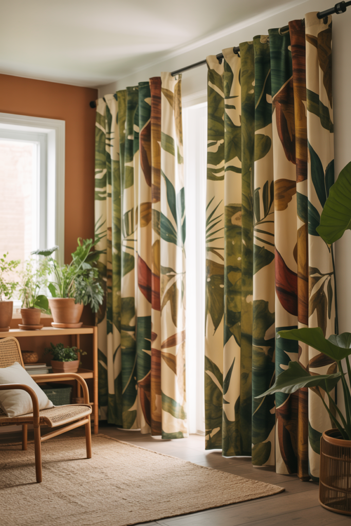 Tropical leaf print curtains in a nature-inspired living room with rattan and plants