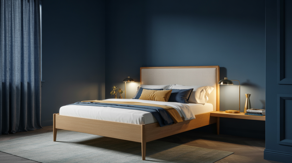 Navy blue bedroom walls with light wood bed frame and gold brass accents for a bold bedroom furniture color combination