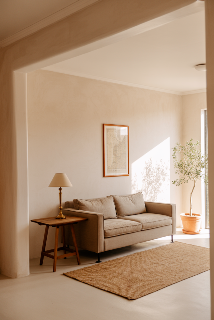 Neutral base living room with warm white walls, modern linen sofa, vintage wooden side table, and brass lamp for a vintage-modern mix