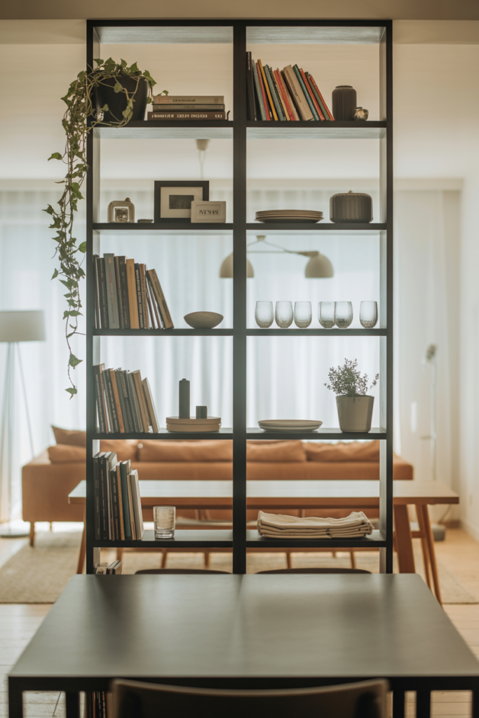 Double-sided open bookshelf used as a room divider between living room and dining room in an open-plan home
