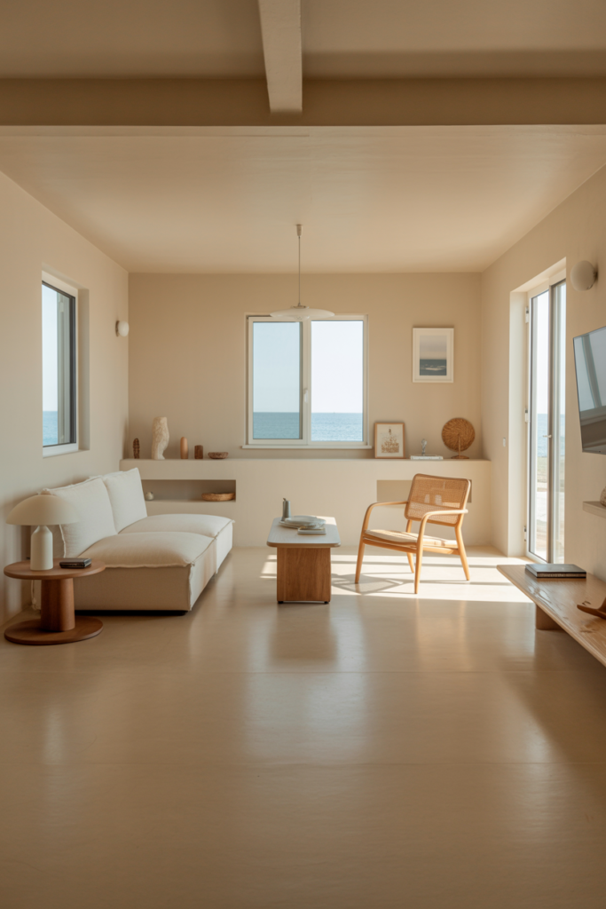 Small beach house living room with open floor plan, minimal furniture, built-in white shelving, and clear pathways on pale oak floors