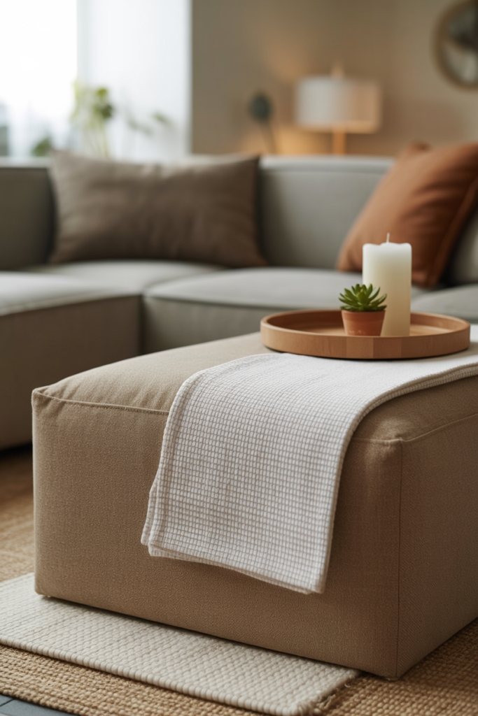 White Egyptian cotton throw neatly folded on a grey ottoman with a wooden tray and candle