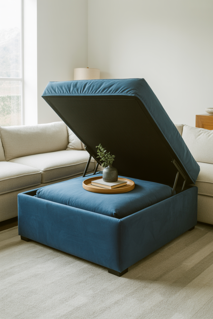 Large navy velvet ottoman sleeper with lid open revealing folded guest bed inside, styled as a coffee table in a small living room
