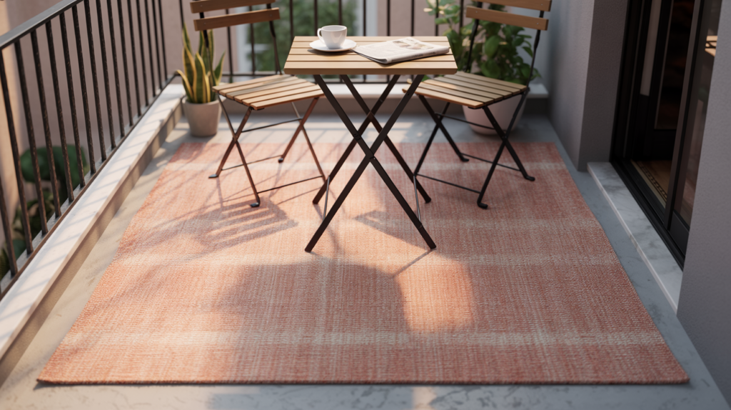 Flat-weave terracotta outdoor rug defining a small condo balcony seating area with bistro table and potted plant