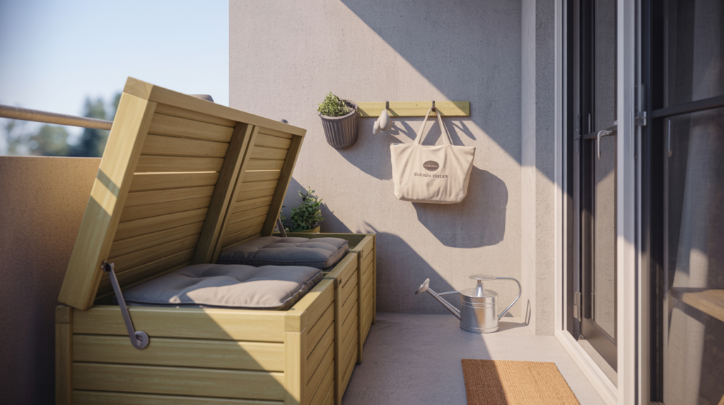 Outdoor storage bench and wall hooks keeping a small condo balcony clutter-free and organized