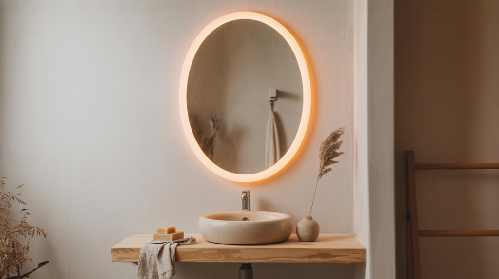 Oval LED bathroom mirror with warm backlight above a minimalist wood vanity and ceramic vessel sink