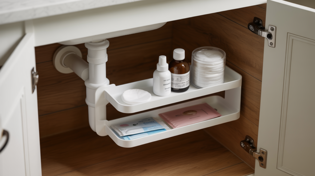 Over the pipe organizer shelf under bathroom sink for renter friendly storage