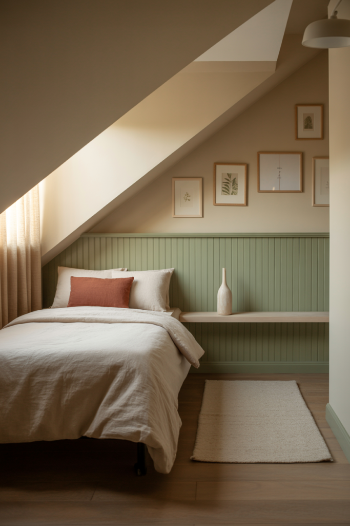 Two-tone painted knee wall bedroom with sage green beadboard paneling and off-white walls above