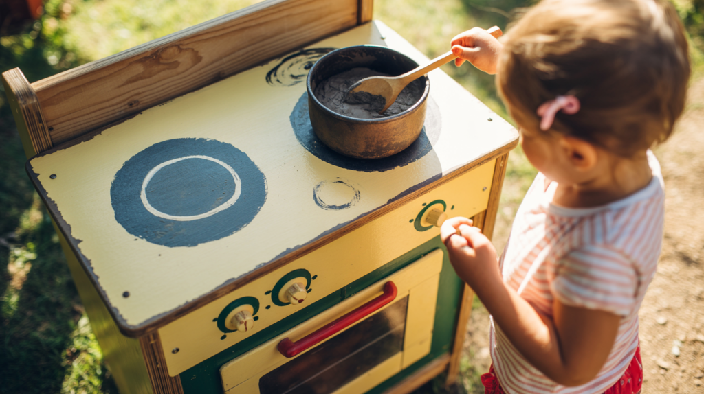 A painted plywood stovetop on a DIY mud kitchen with a child pretend cooking outdoors