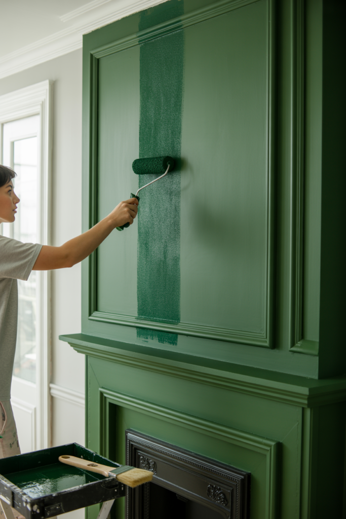 Painting fitted chimney breast MDF panels with deep green eggshell paint using a foam roller