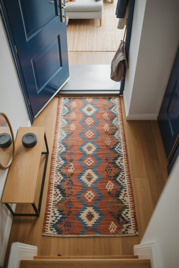 Patterned kilim runner rug in terracotta and navy defining the entryway zone in a small open-plan home