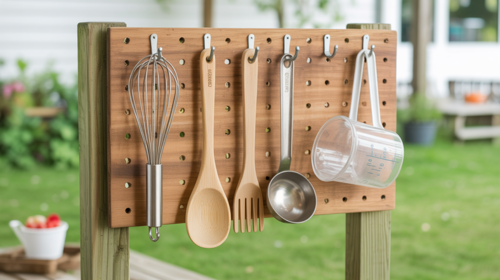 A weathered pegboard on a mud kitchen holding spoons, ladles, and measuring cups outdoors