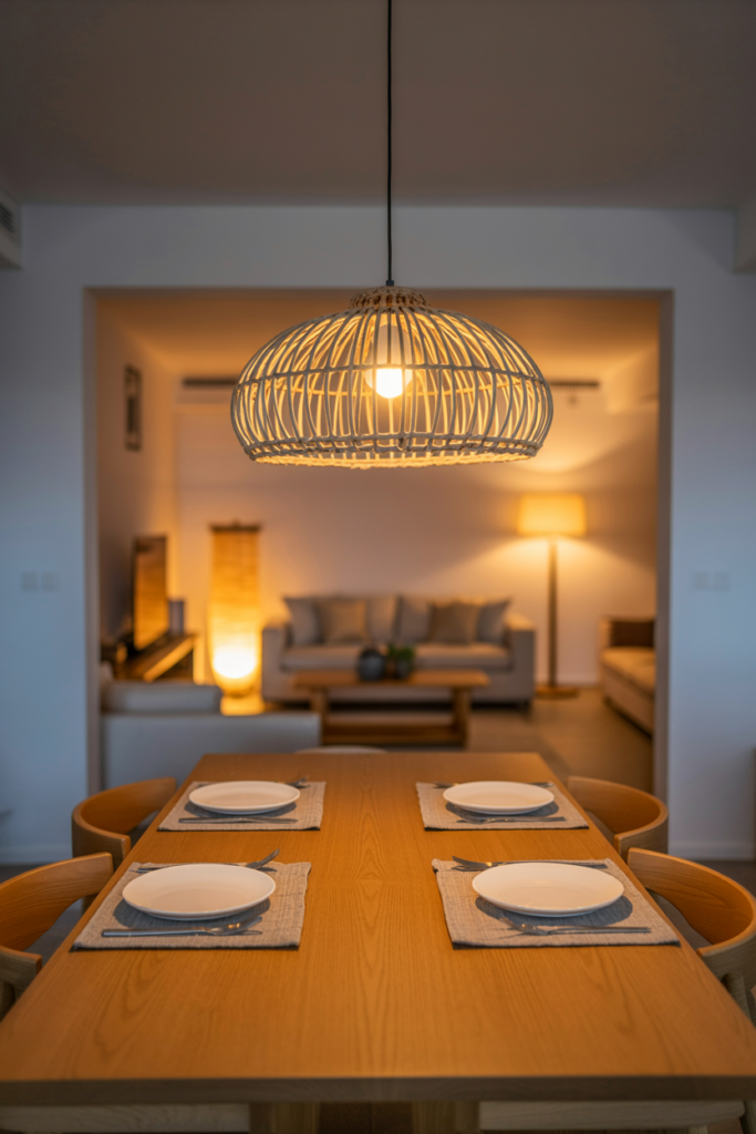 Statement pendant light defining the dining zone in an open-plan living and dining room without walls