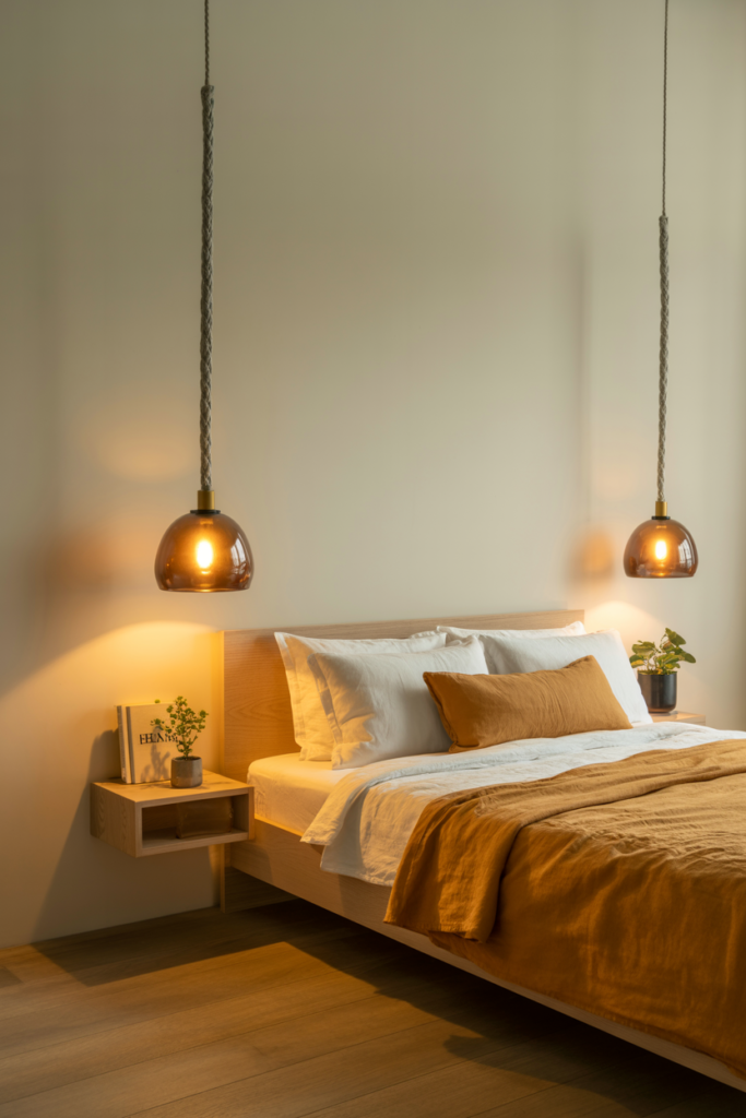 Two hanging pendant lights on either side of a bed replacing bedside table lamps in a minimalist modern bedroom