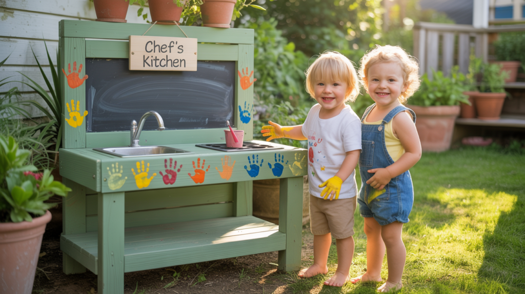 A sage green painted DIY mud kitchen with children's handprints and a chef's kitchen sign in a backyard garden