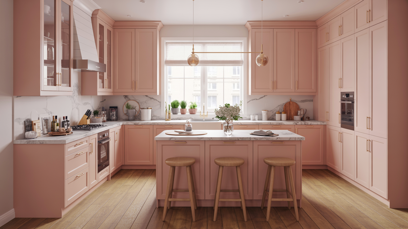 Pink kitchen cabinets with white marble countertops and wooden flooring in a bright modern home