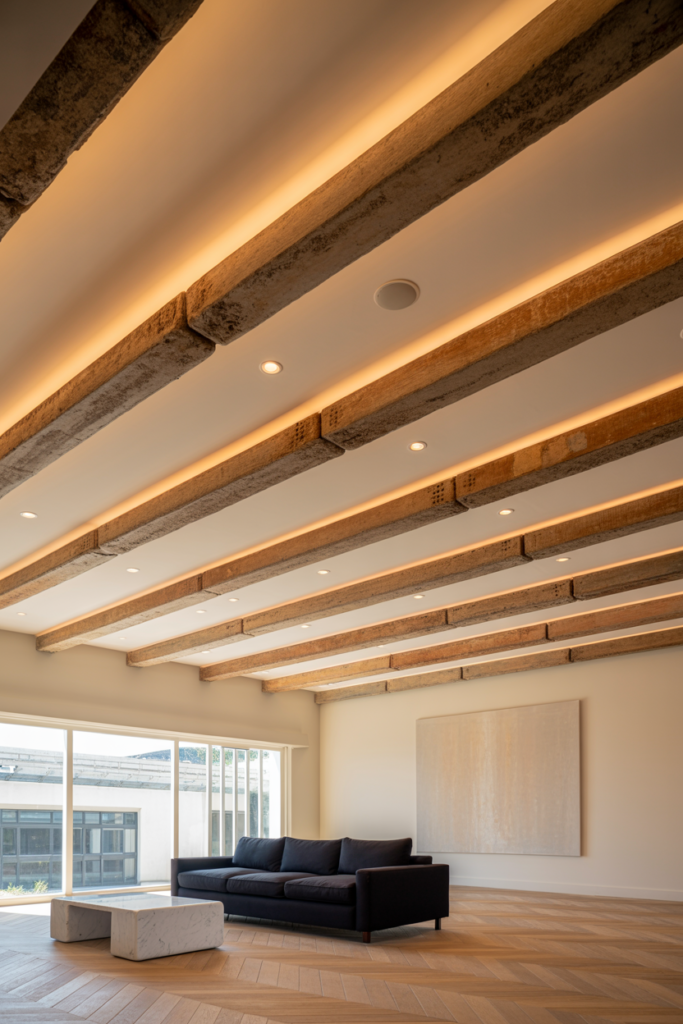 Exposed ceiling joists boxed in with smooth plasterboard creating a coffered ceiling effect in a contemporary living room with recessed LED lighting
