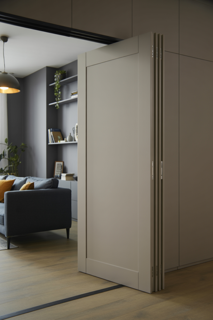 Matte white pocket door sliding into wall cavity in a small modern living room
