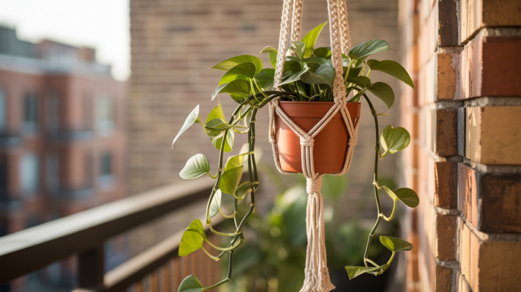 Trailing golden pothos plant in macramé hanger on a boho apartment balcony
