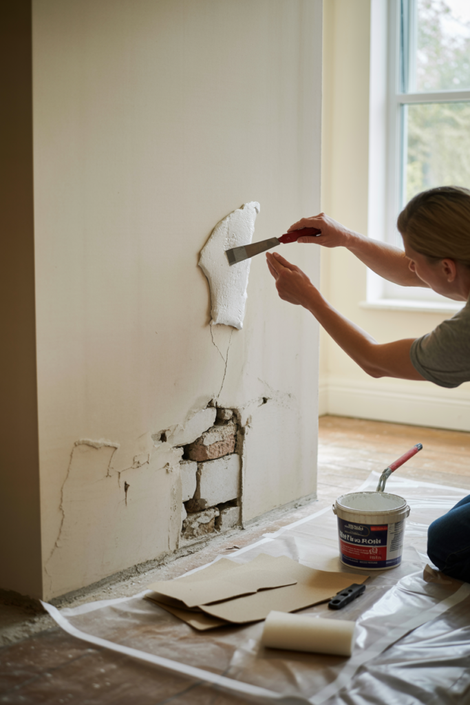 Person filling cracks on a chimney breast wall surface before fitting living room panels