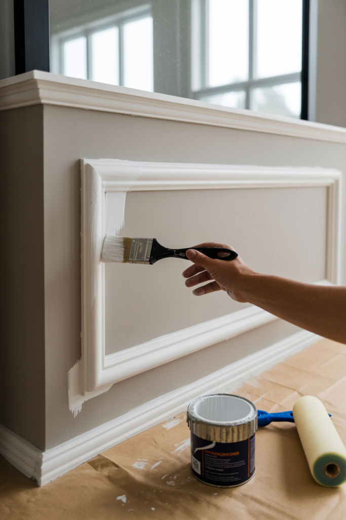 Applying primer to MDF chimney breast panels before painting in a living room DIY project