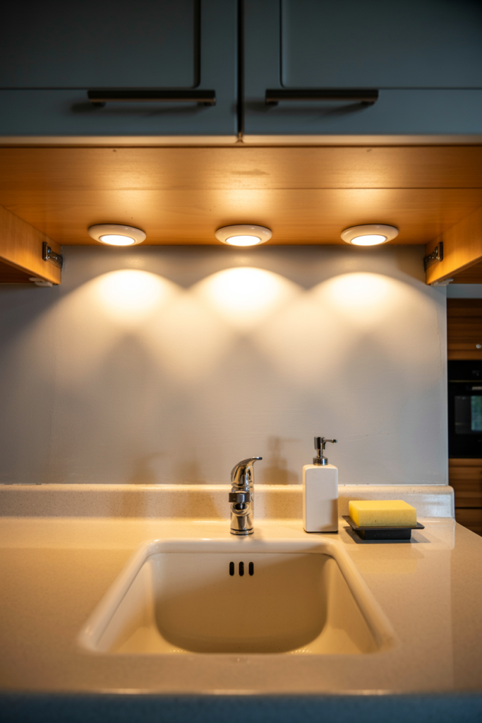 Three puck lights mounted under cabinet above a narrow kitchen sink with circular light pools