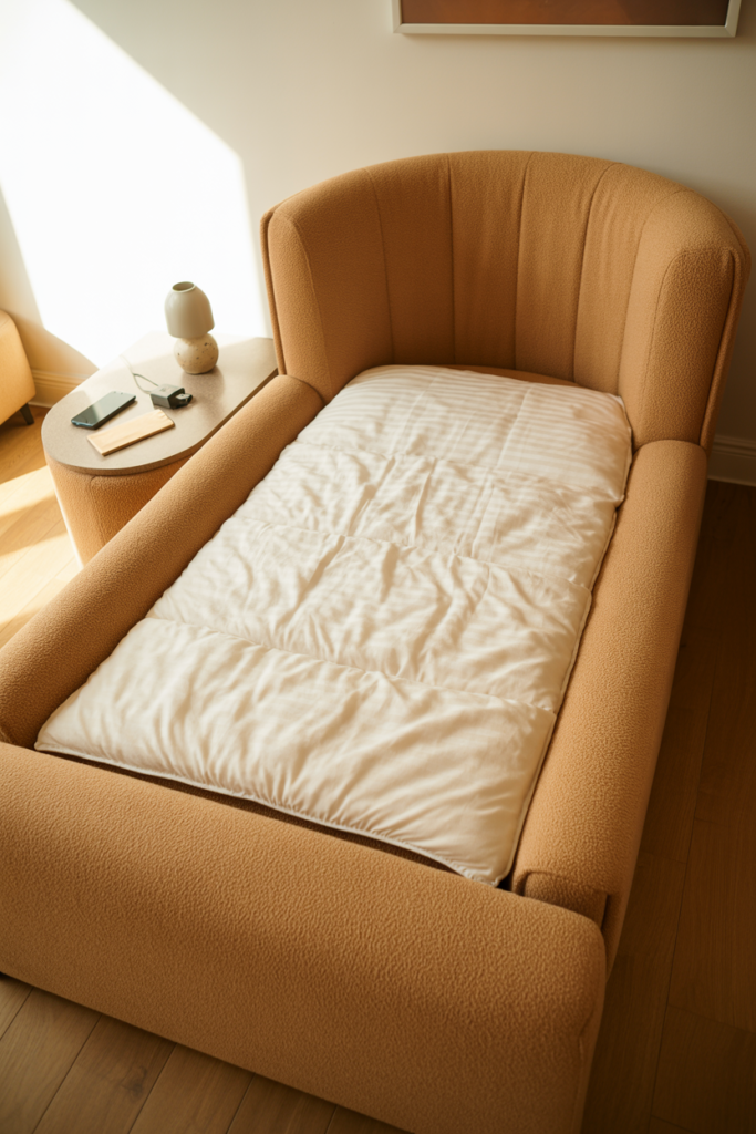 Oversized camel boucle pull-out chair bed fully extended into a single sleeping surface in a small living room corner with warm white walls