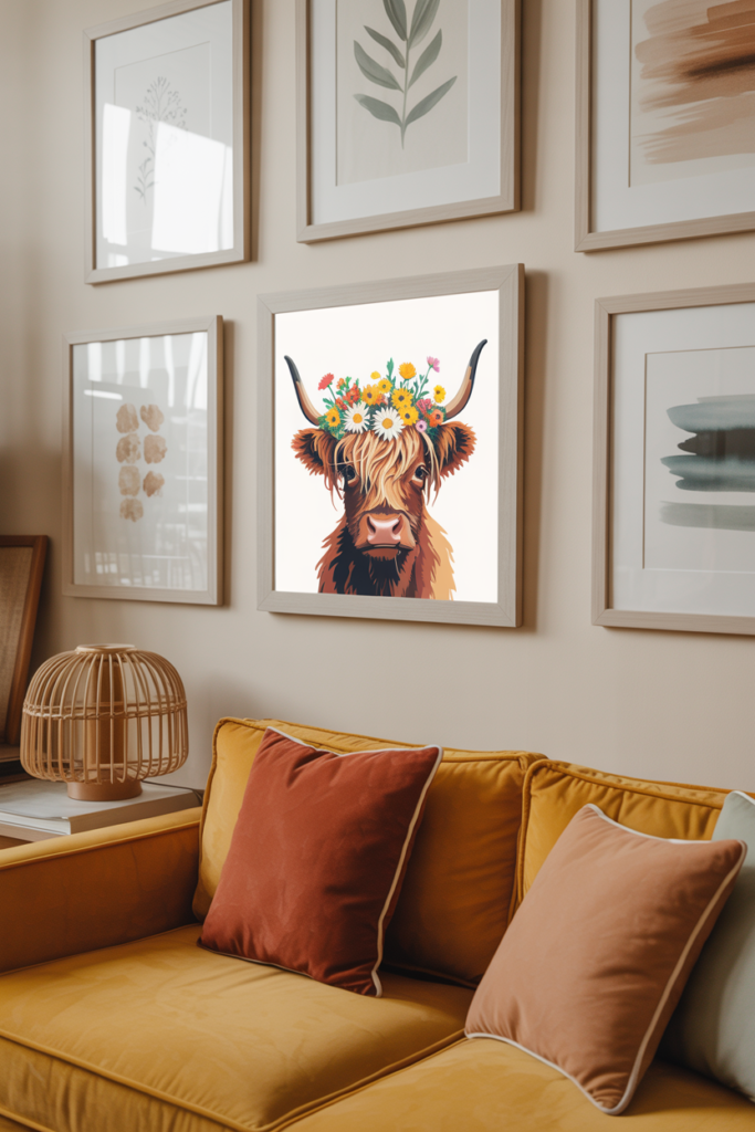 Funny highland cow wearing a flower crown framed print on an eclectic gallery wall above a mustard yellow sofa