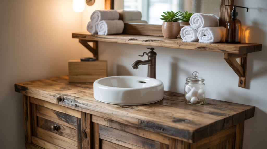 Reclaimed wood vanity with open wooden shelves in a farmhouse bathroom