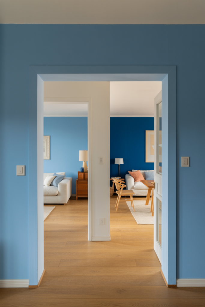 Three connected rooms decorated with Dulux Rhythm of Blues shades showing Mellow Flow, Free Groove and Slow Swing in sequence