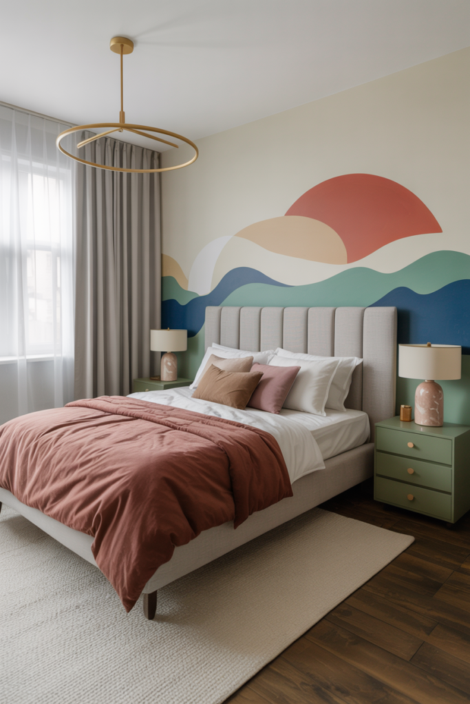 Romantic bedroom with a soft harmonious color palette of blush pink, warm lavender, and cream for a calming intimate feel