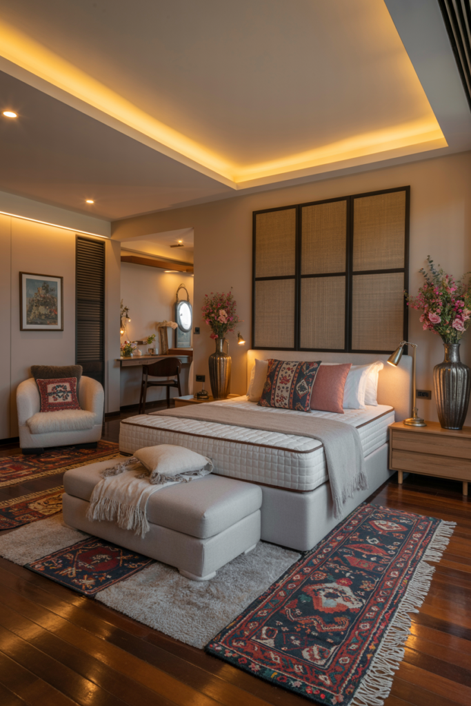 Romantic bedroom with Provence-style furniture, embroidered pillows, dried flowers, and warm atmospheric decor details